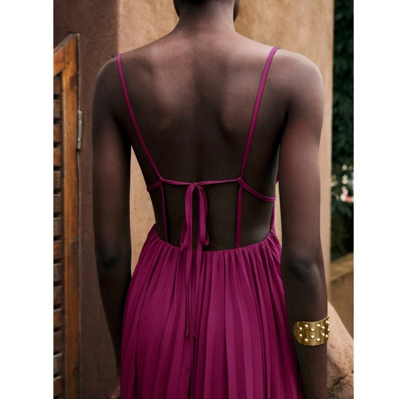 Purple Pleated Maxi Babydoll Dress Open Back Flowy Skirt Tie Straps - Picture 8 of 10